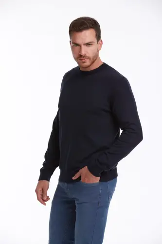 Erkek Lacivert Regular Fit %100 Pamuk Bisiklet Yaka Triko Kazak - Lacivert 