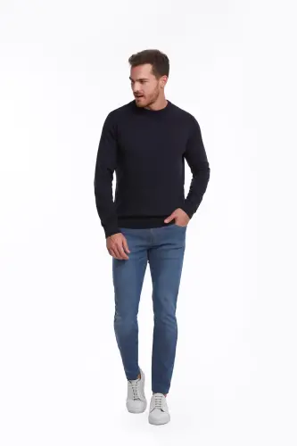 Erkek Lacivert Regular Fit %100 Pamuk Bisiklet Yaka Triko Kazak - Lacivert - 3