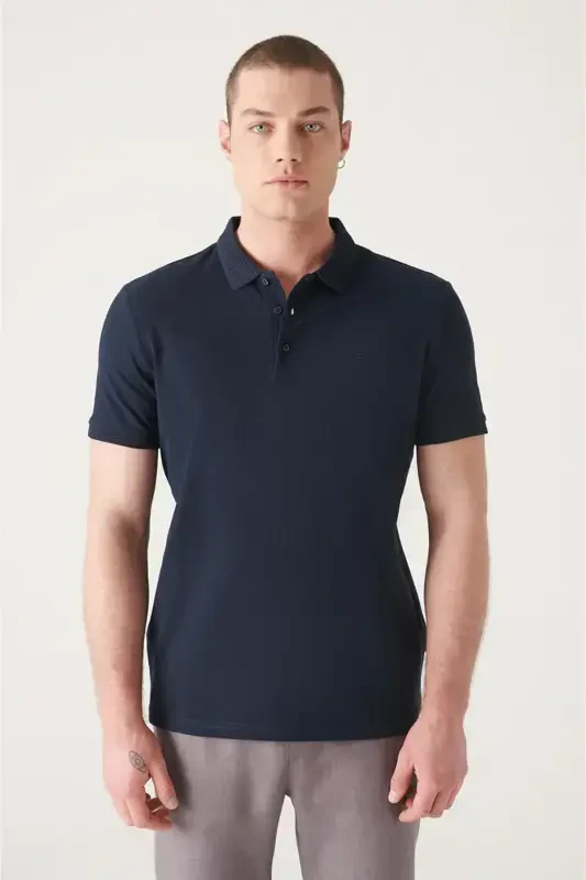Erkek Lacivert 3 Düğmeli %100 Mısır Pamuğu Polo Yaka Regular Fit T-Shirt B001027-Lacivert - AVVA