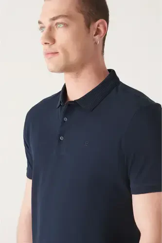 Erkek Lacivert 3 Düğmeli %100 Mısır Pamuğu Polo Yaka Regular Fit T-Shirt B001027-Lacivert - AVVA (1)