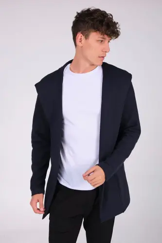 Erkek Lacivert Regular Fit Kapüşonlu Uzun Panço Hırka - Lacivert - THE RULE (1)