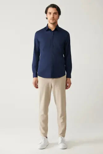 Erkek Lacivert %100 Pamuk Klasik Yaka Saten Slim Fit Gömlek B002002-Lacivert - 5