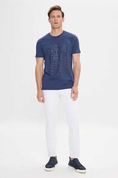 Erkek Lacivert Slim Fit Dar Kesim %100 Pamuk Baskılı Bisiklet Yaka Tişört-Lacivert - ALTINYILDIZ CLASSICS (1)