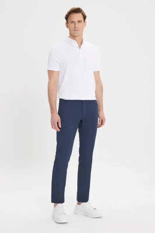 Erkek Lacivert Slim Fit Dar Kesim 5 Cep Armürlü Esnek Pantolon - Lacivert - 3