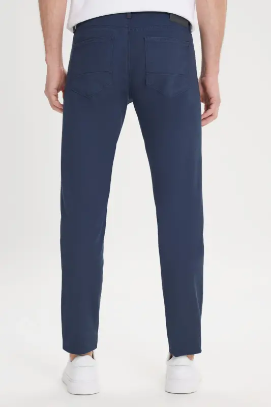 Erkek Lacivert Slim Fit Dar Kesim 5 Cep Armürlü Esnek Pantolon - Lacivert - 5