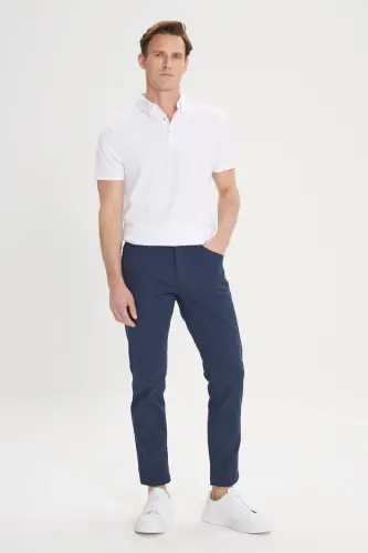Erkek Lacivert Slim Fit Dar Kesim 5 Cep Armürlü Esnek Pantolon-Lacivert - 2