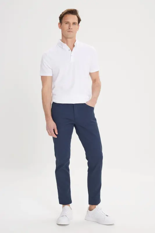 Erkek Lacivert Slim Fit Dar Kesim 5 Cep Armürlü Esnek Pantolon-Lacivert - 2