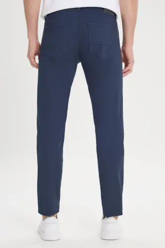 Erkek Lacivert Slim Fit Dar Kesim 5 Cep Armürlü Esnek Pantolon-Lacivert - 5