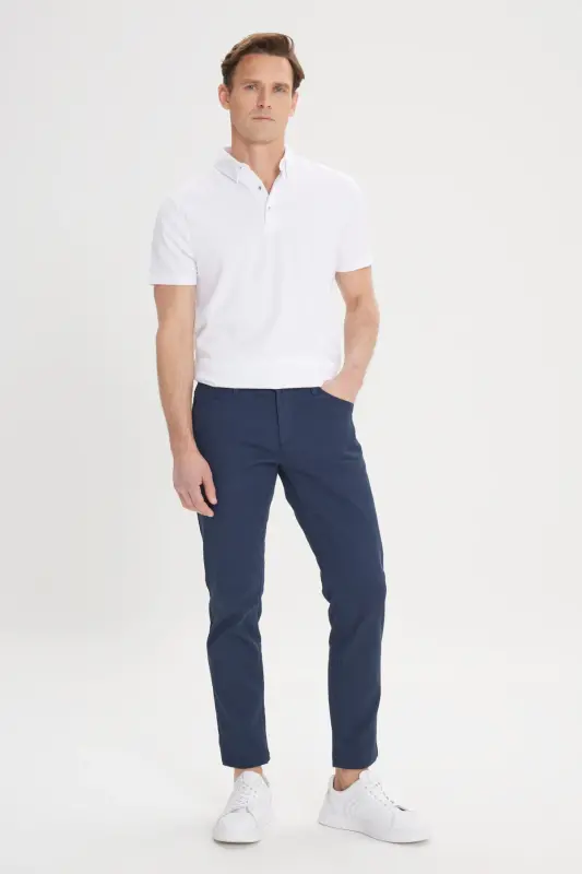 Erkek Lacivert Slim Fit Dar Kesim 5 Cep Armürlü Esnek Pantolon-Lacivert - 2