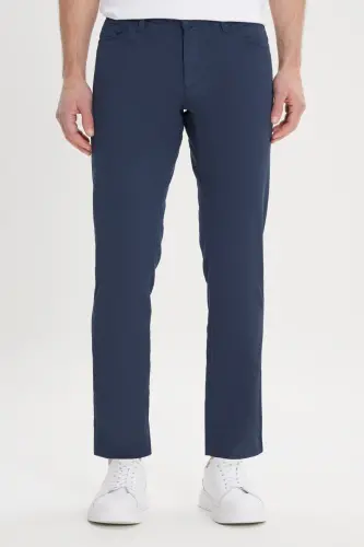 Erkek Lacivert Slim Fit Dar Kesim 5 Cep Armürlü Esnek Pantolon - Lacivert 