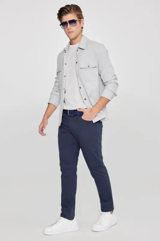 Erkek Lacivert Diz İzi Yapmayan Slim Fit Dar Kesim 5 Cep Pamuklu Kanvas Esnek Casual Pantolon - Lacivert - 2