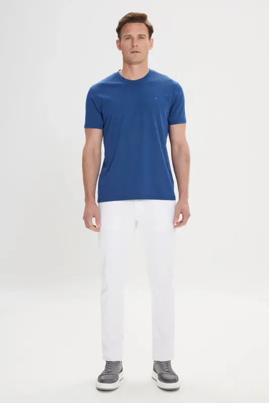 Erkek Lacivert Slim Fit Dar Kesim Bisiklet Yaka Pamuklu Tişört-Lacivert - 2