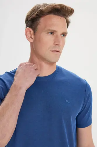 Erkek Lacivert Slim Fit Dar Kesim Bisiklet Yaka Pamuklu Tişört-Lacivert - 3