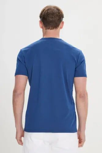 Erkek Lacivert Slim Fit Dar Kesim Bisiklet Yaka Pamuklu Tişört-Lacivert - 4