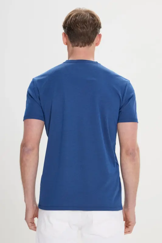 Erkek Lacivert Slim Fit Dar Kesim Bisiklet Yaka Pamuklu Tişört-Lacivert - 4