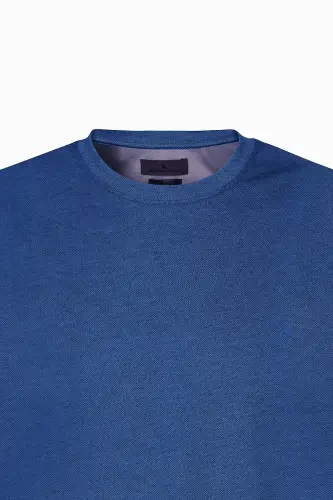 Erkek Lacivert Slim Fit Dar Kesim Bisiklet Yaka Pamuklu Tişört-Lacivert - 6