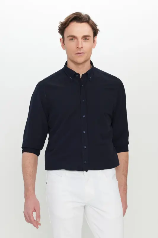 Erkek Lacivert Slim Fit Dar Kesim Düğmeli Yaka Armürlü Gofre Desenli Gömlek - Lacivert - 4