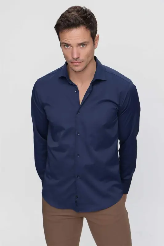 Erkek Lacivert Slim Fit Dar Kesim Düz Sert Yaka Uzun Kollu Gömlek - 4