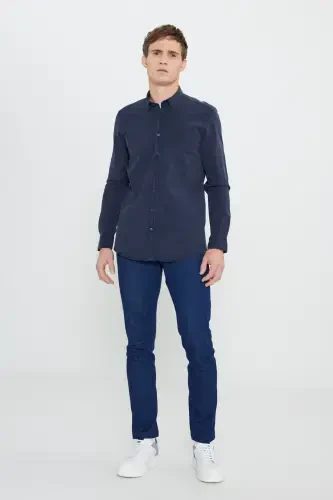 Erkek Lacivert Slim Fit Dar Kesim Gizli Düğme Yaka Pamuklu Gömlek - ALTINYILDIZ CLASSICS (1)