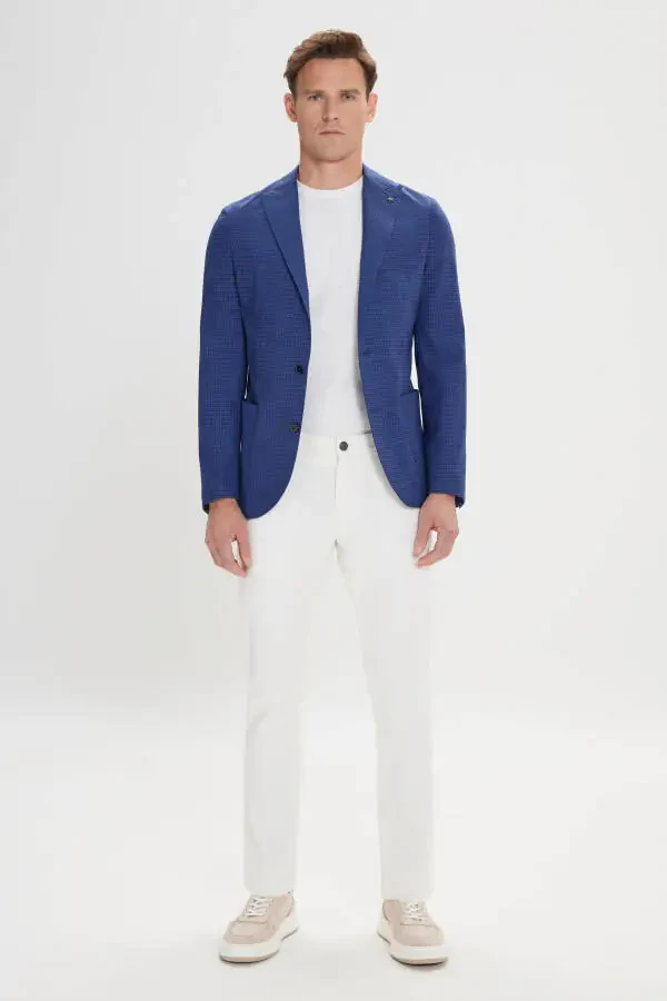 Erkek Lacivert Slim Fit Dar Kesim Kırlangıç Yaka Desenli Blazer Ceket - 2