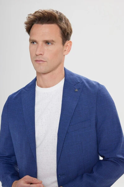 Erkek Lacivert Slim Fit Dar Kesim Kırlangıç Yaka Desenli Blazer Ceket - 5