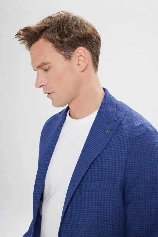 Erkek Lacivert Slim Fit Dar Kesim Kırlangıç Yaka Desenli Blazer Ceket - 6