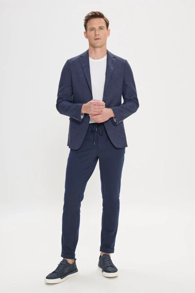 Erkek Lacivert Slim Fit Dar Kesim Mono Yaka Armürlü Blazer Ceket - 1