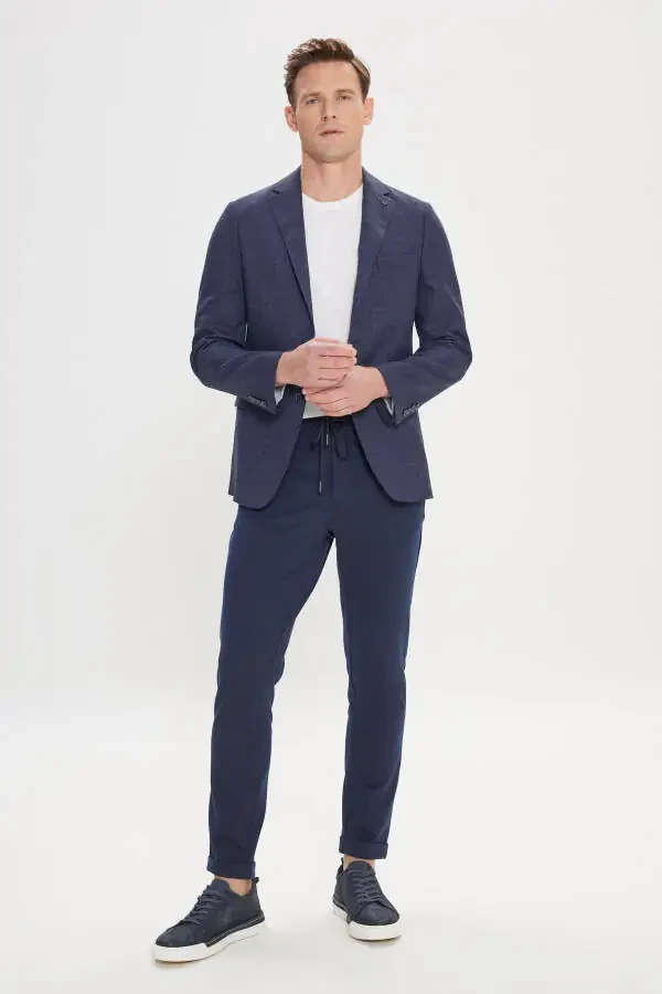 Erkek Lacivert Slim Fit Dar Kesim Mono Yaka Armürlü Blazer Ceket - 1