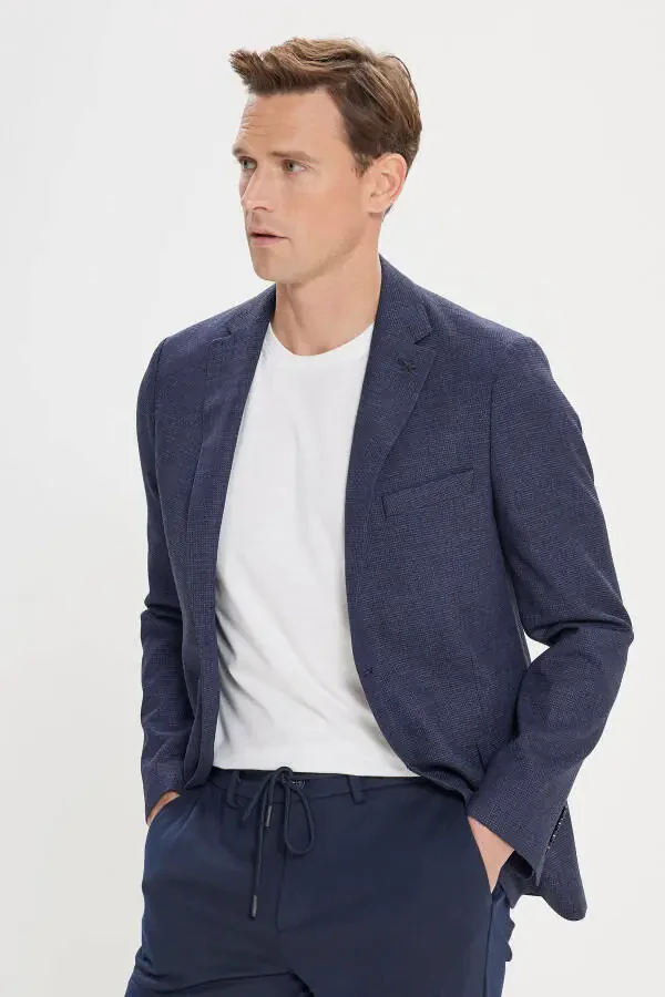 Erkek Lacivert Slim Fit Dar Kesim Mono Yaka Armürlü Blazer Ceket - 2
