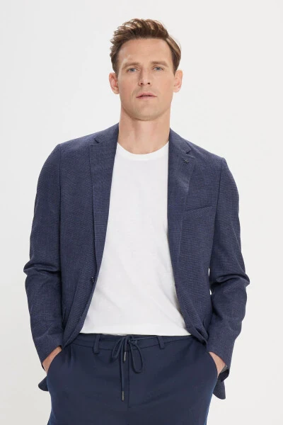 Erkek Lacivert Slim Fit Dar Kesim Mono Yaka Armürlü Blazer Ceket - 3