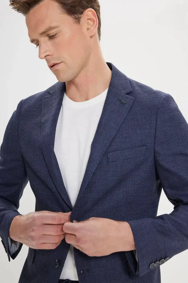 Erkek Lacivert Slim Fit Dar Kesim Mono Yaka Armürlü Blazer Ceket - 4