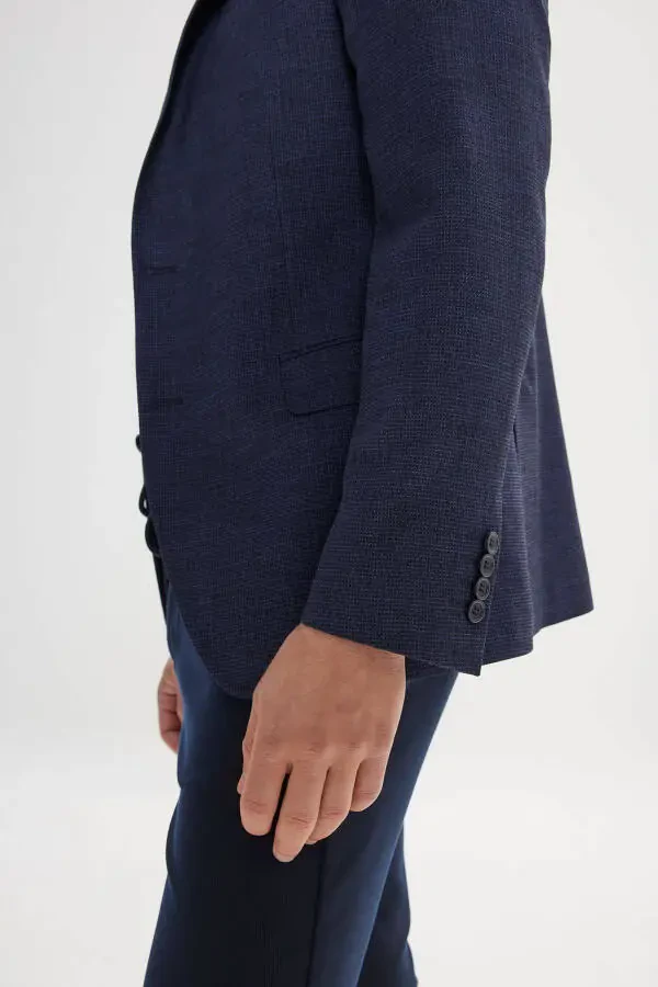 Erkek Lacivert Slim Fit Dar Kesim Mono Yaka Armürlü Blazer Ceket - 5