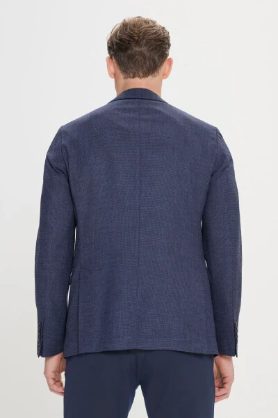 Erkek Lacivert Slim Fit Dar Kesim Mono Yaka Armürlü Blazer Ceket - 7