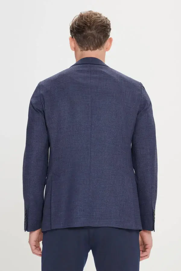 Erkek Lacivert Slim Fit Dar Kesim Mono Yaka Armürlü Blazer Ceket - 7