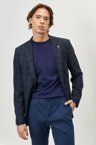 Erkek Lacivert Slim Fit Dar Kesim Mono Yaka Ekose Desenli Blazer Ceket - 3