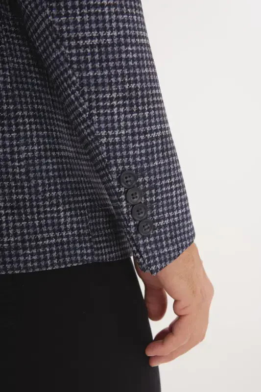 Erkek Lacivert Slim Fit Dar Kesim Mono Yaka Kazayağı Desenli Blazer Ceket-Lacivert - 1