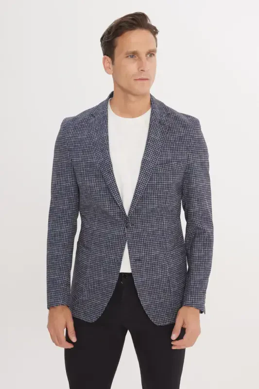 Erkek Lacivert Slim Fit Dar Kesim Mono Yaka Kazayağı Desenli Blazer Ceket-Lacivert - 4