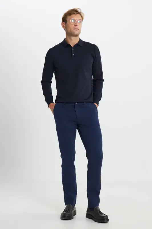 Erkek Lacivert Slim Fit Dar Kesim Pamuklu Esnek Armürlü Yan Cep Pantolon-Lacivert - 5