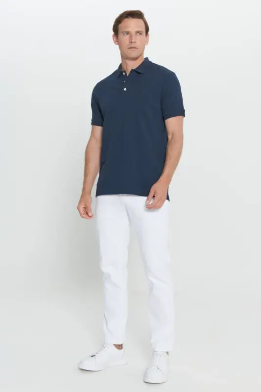 Erkek Lacivert Slim Fit Dar Kesim Polo Yaka %100 Pamuk Kısa Kollu Tişört-Lacivert - 2