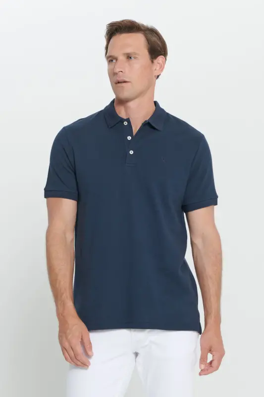 Erkek Lacivert Slim Fit Dar Kesim Polo Yaka %100 Pamuk Kısa Kollu Tişört-Lacivert - 3