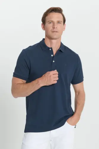 Erkek Lacivert Slim Fit Dar Kesim Polo Yaka %100 Pamuk Kısa Kollu Tişört-Lacivert - 4