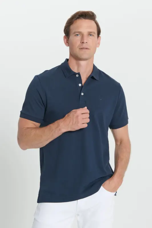 Erkek Lacivert Slim Fit Dar Kesim Polo Yaka %100 Pamuk Kısa Kollu Tişört-Lacivert - 4