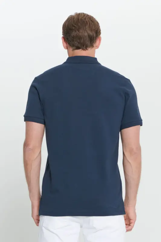 Erkek Lacivert Slim Fit Dar Kesim Polo Yaka %100 Pamuk Kısa Kollu Tişört-Lacivert - 6