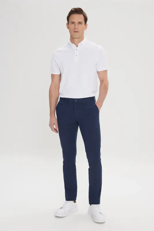 Erkek Lacivert Slim Fit Dar Kesim Yan Cepli Pamuklu Esnek Armürlü Pantolon-Lacivert - 2