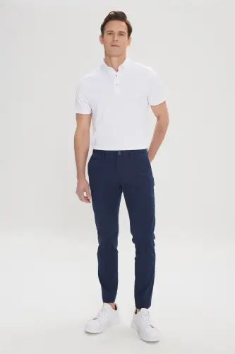 Erkek Lacivert Slim Fit Dar Kesim Yan Cepli Pamuklu Esnek Armürlü Pantolon-Lacivert - 3