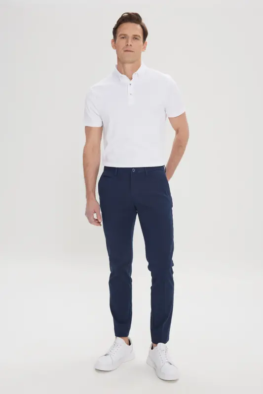 Erkek Lacivert Slim Fit Dar Kesim Yan Cepli Pamuklu Esnek Armürlü Pantolon-Lacivert - 3