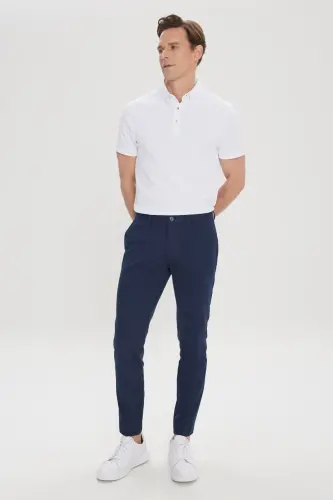 Erkek Lacivert Slim Fit Dar Kesim Yan Cepli Pamuklu Esnek Armürlü Pantolon-Lacivert - 4