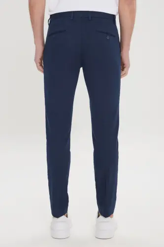Erkek Lacivert Slim Fit Dar Kesim Yan Cepli Pamuklu Esnek Armürlü Pantolon-Lacivert - 6