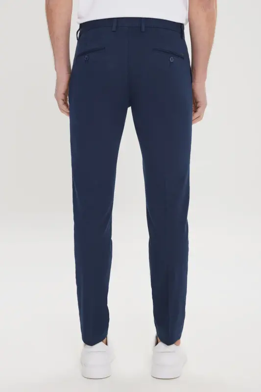 Erkek Lacivert Slim Fit Dar Kesim Yan Cepli Pamuklu Esnek Armürlü Pantolon-Lacivert - 6