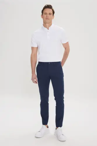 Erkek Lacivert Slim Fit Dar Kesim Yan Cepli Pamuklu Esnek Armürlü Pantolon-Lacivert - 3